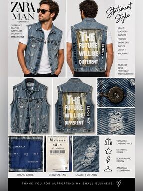 Zara Man NWT Distressed Denim Vest Medium The Future Will Be Different Graphic